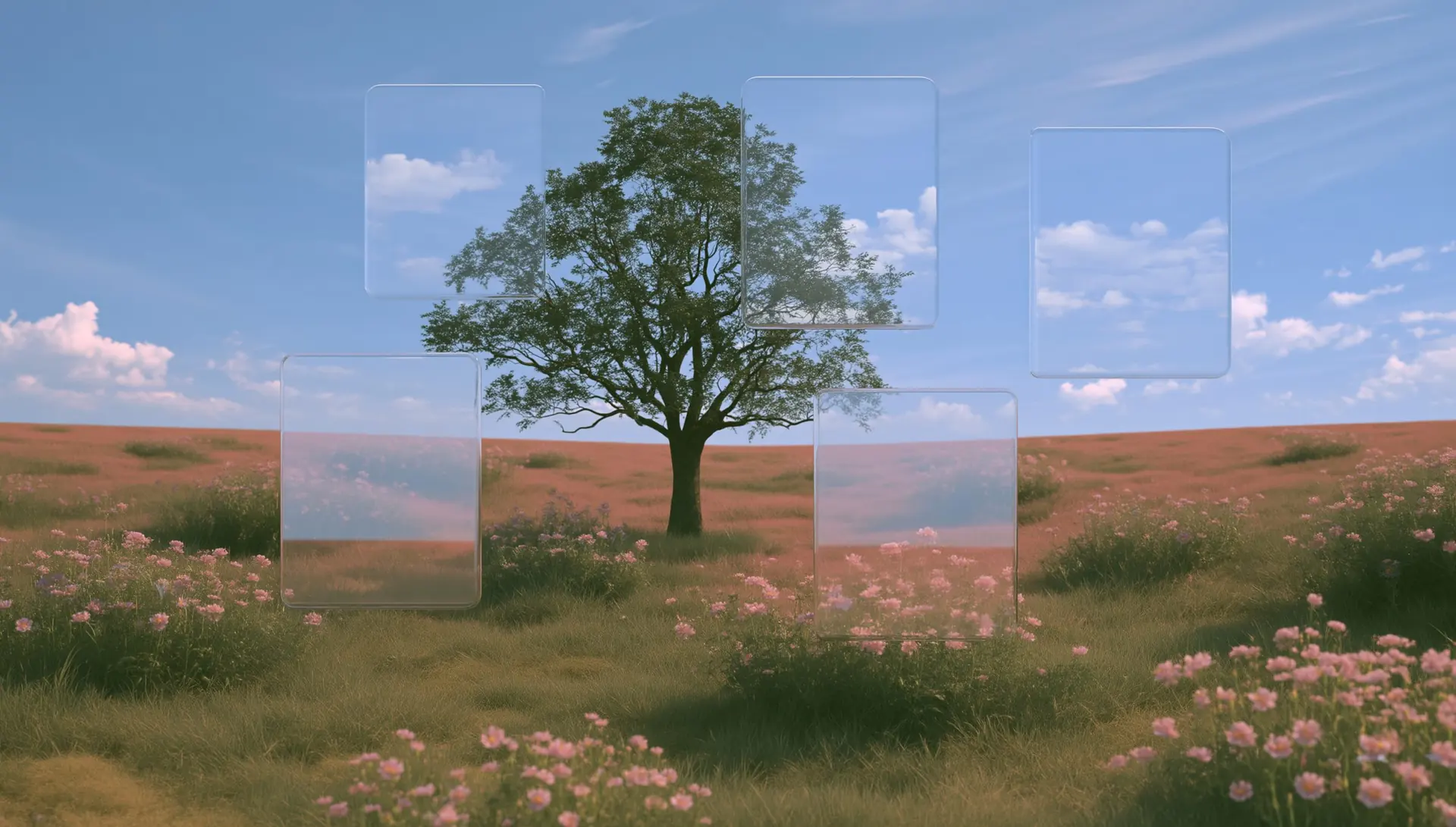 A blossoming white tree on a rose-colored meadow under a blue sky with clouds